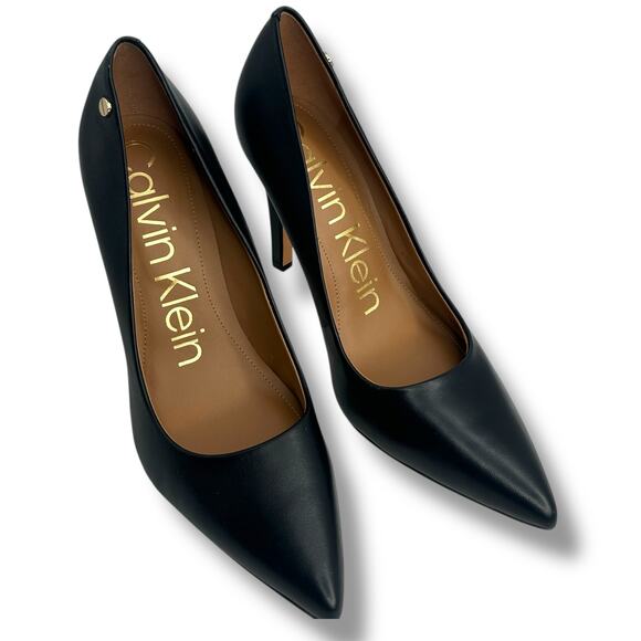NEW Calvin Klein Pointed Toe Pumps Size 9 High Stiletto Heels Black Leather FLAW - Picture 4 of 13